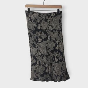 Newport News Asymmetrical Ruffled Mesh Dark Floral Midi Skirt Black Grey Medium